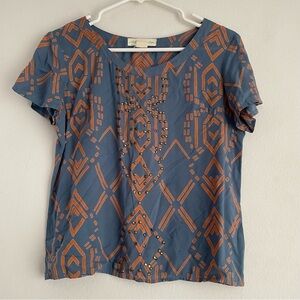 Anthropologie Sleeping on Snow geometric print short sleeve orange blue blouse